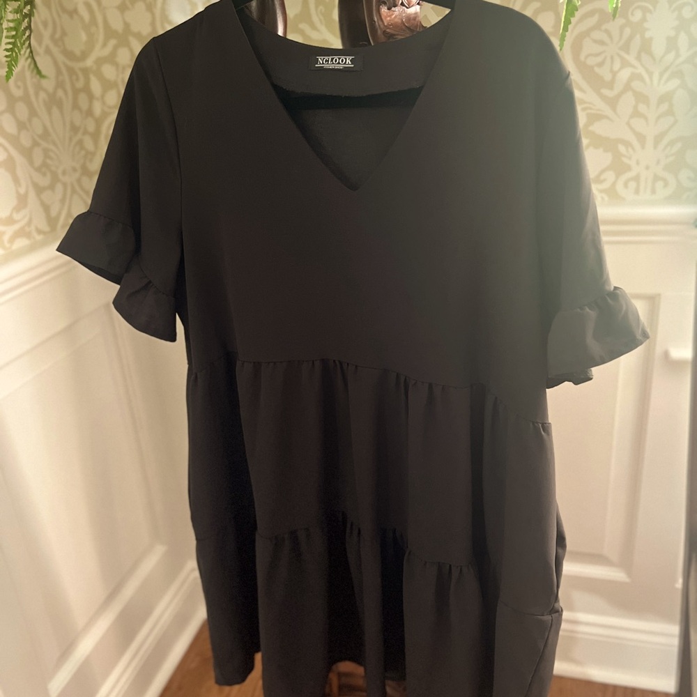 nclook Women's Casual Dress V-Neck Mini Dress Pockets Short Sleeve Ruffle Dress.